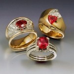 14k gold rings, set with diamonds and fair trade Nyala rubies from Malawi, sourced by Columbia Gem House. Photo courtesy Trios Studio, Lake Oswego, OR.