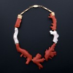 Neckpiece of white and red branch coral with 18k yellow gold accents. Darryl Dean Begay’s work finds enthusiastic collectors in Asia, particularly Japan. Photo courtesy of the artist, Darryl Dean Begay.